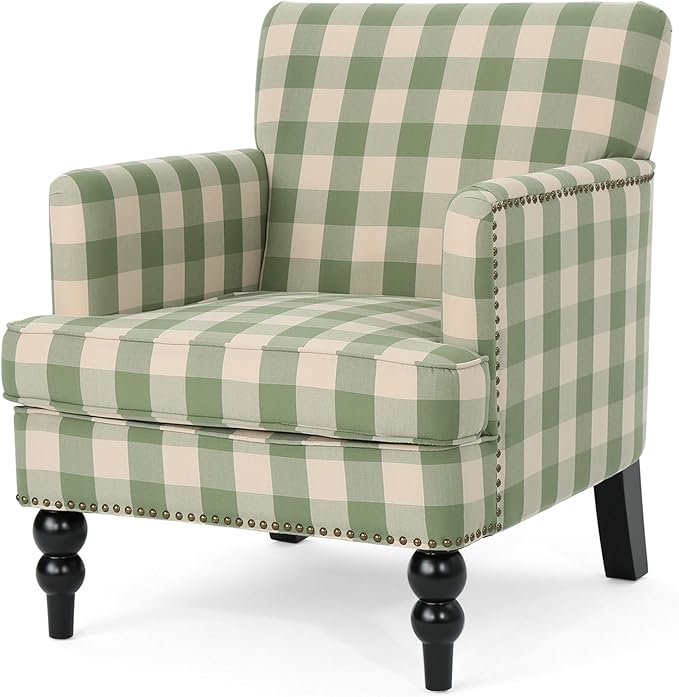 Christopher Knight Home Eve Modern Upholstered Club Chair Wooden Living Room Accent Chair Comfy Bedroom Reading Chair Multifunctional Armchair Green Checkerboard