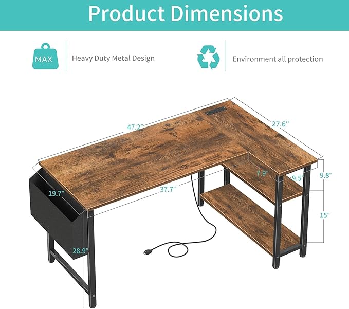 Lufeiya L Shaped Computer Desk with Power Outlet Shelves 47 Inch Corner Desk for Home Office Bedroom L-Shaped Study Writing Working PC Desks Rustic Brown