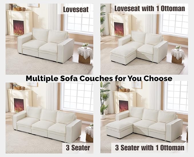 EALSON 119 Modular Sectional Sofa Modern Comfy 4-Seater Couch Sofa Linen Fabric Upholstered Cloud Couches with 24 Deep Seat and Wooden Legs for Bedroom/Living Room/Office White