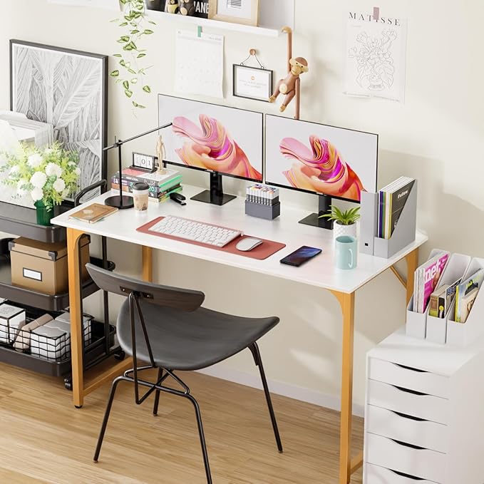 Computer Desk 48 Inch Office Desk with Metal Frame Home Office Desk Modern Simple Style for Home Office Living Room Bedroom White Gold