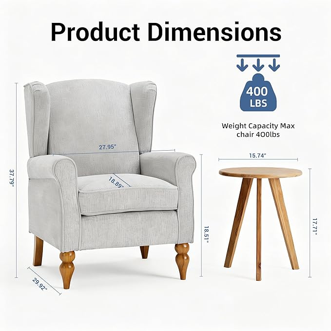Modern Wingback Living Room Chair Upholstered Accent Armchair Single Sofa Chair with Lounge Seat and Wood Legs for Office/Bedroom/Reading Spaces Beige