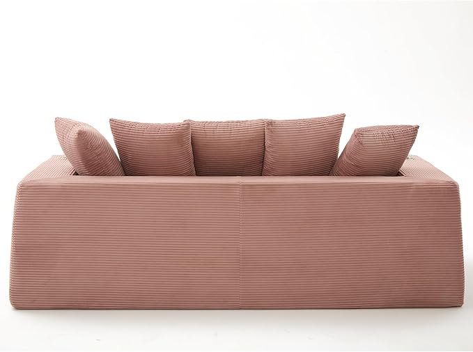 82'' Convertible Sofa Bed 2-in-1 Boneless Sleeper Sofa with Cup Holder &amp Pocket Corduroy Loveseat Sleeper Couch with 5 Pillows Pull Out Couch for Living Room Bedroom No Assembly (Pink)
