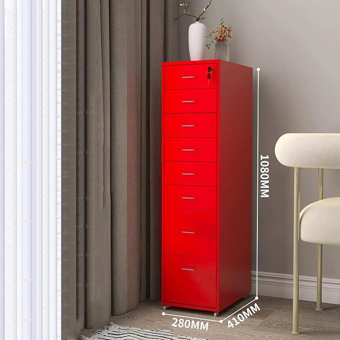 Locking File Cabinet Eight Drawer Cabinet Office Locking Storage Cabinet Iron Data Cabinet File Cabinet (Color : Red)