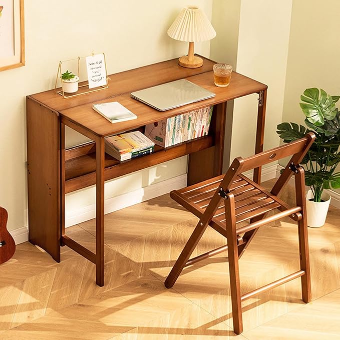 Bamboo Folding Desk with BookshelfFolding Computer Table Multipurpose Table with Bookshelf Wooden Workstation Standing Work Desk for Home and Office Living Room Bedroom Kitchen