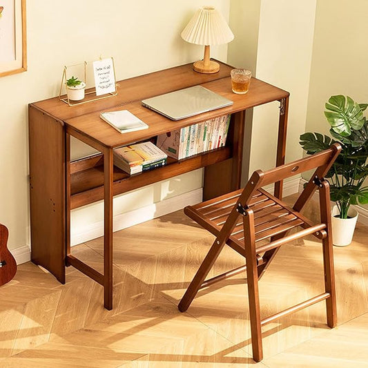 Bamboo Folding Desk with BookshelfFolding Computer Table Multipurpose Table with Bookshelf Wooden Workstation Standing Work Desk for Home and Office Living Room Bedroom Kitchen