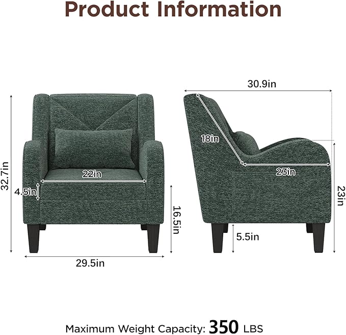 Maupvit Chenille Accent Chair for Living Room Bedroom Chair Comfy Reading Chair Upholstered Arm Chair Single Sofa Chair with Lumbar Pillow Mid Century Modern Chair for Small Spaces Green