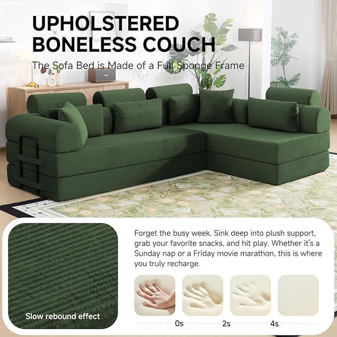 106” Cloud Sectional Couch L-Shaped Sofa with Right Facing Chaise Corduroy Boneless Couches Compressed Modular Sectional Sofa with Deep Seat High Backrest Headrest (Green)