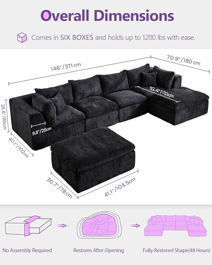 TYBOATLE 146’’ Black Boneless Couch for Living Room U Shaped Cloud Sectional Sofa w/Ottoman Comfy Boneless Modular Couch w/Memory Foam