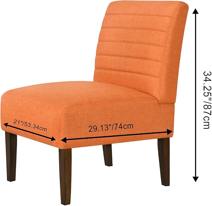 Slipper Accent Chair Modern Armless Lounge Chair with Wood Legs Upholstered Makeup Vanity Tufted Side Chair Fabric Comfy with Decor Back for Living Room Bedroom Patio (Horizontal Back Orange)