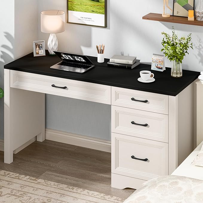 Vabches Farmhouse Executive Desk with Storage and Ample File Drawer Rustic Large Home Writing Desk for Bedroom Black