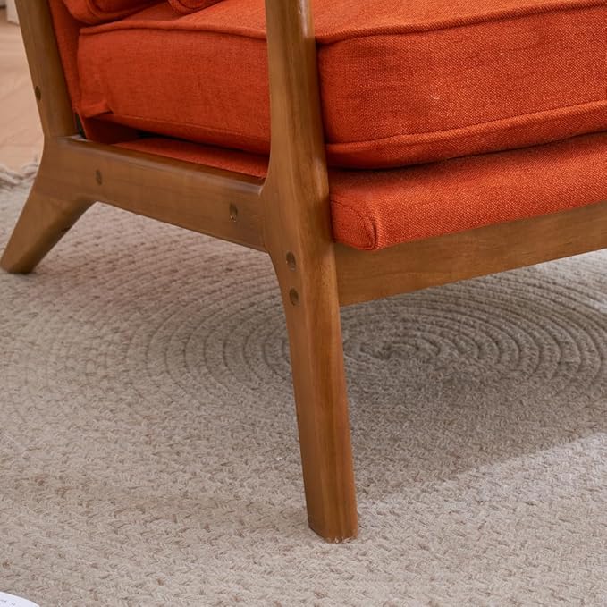 Mid Century Modern Accent Chairs Single Linen Lounge Reading Armchair with Solid Wood Frame Easy Assembly Arm Chairs for Living Room-Orange