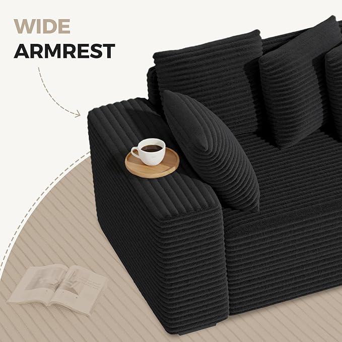 111'' Modular Sectional Cloud Couches with Chaise L Shaped Extra Large Sleeper Couch Reversible Fluffy Corduroy with 8pcs Pillows for Living Room(Black Right Facing Chaise)
