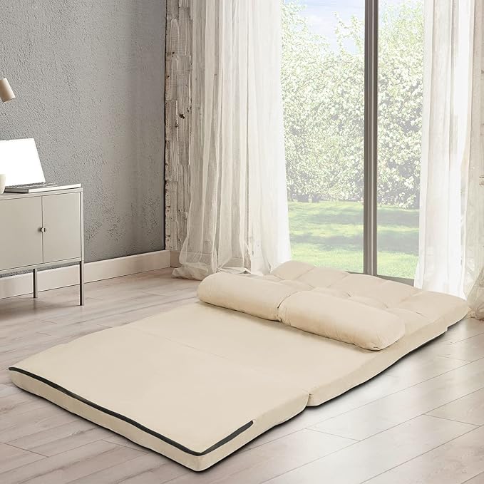 GOFLAME 6-Position Convertible Sofa Beige (Sponge High-Strength Steel Frame 330LBS Capacity Foldable Design for Easy Storage Modern Living Room)