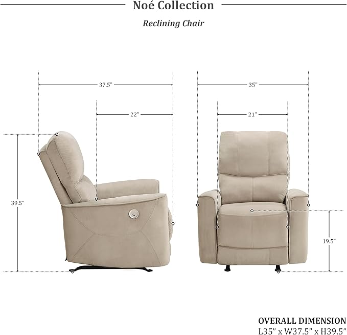 Lexicon Power Recliner Chair Living Room Velvet Reclining Sofa Chair Home Theater Seating Power Rocker Recliner Sofa Chair for Living Room/Office/Apartment Light Brown
