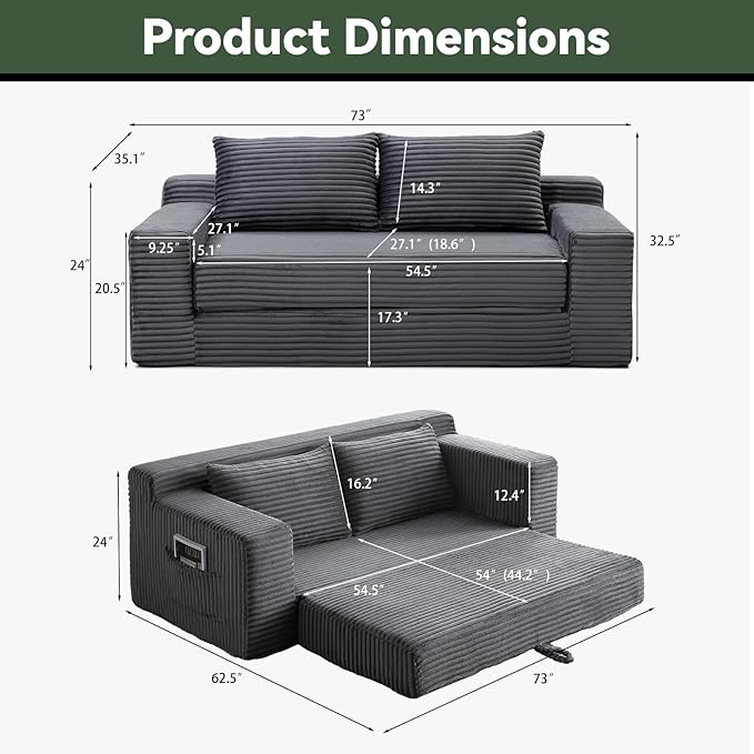 73 Convertible Sofa Bed Pull Out Boneless Loveseat Sleeper Sofa Corduroy Foldable Couch Bed with Storage Bag No Assembly Couch in a Box for Living Room Apartment (Grey)