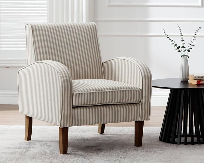 VESCASA Upholstered Accent Chair with Wood Legs Linen Comfy Single Sofa with Curve Arms Modern Side Club Leisure Chair for Reading/Living Room/Bedroom Khaki Stripe