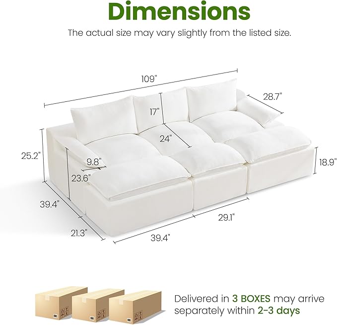 109 3 Seat Boneless Couch with Movable Ottoman Boneless Modular Sectional Sofa Deep Seat Modern Sleeper Sofa Bed for Living Room Cloud Modular Sectional Couch 3 Seat Chenille Chaise Lounge White