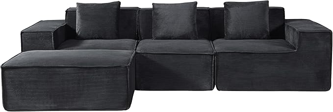 Rowan Convertible Corduroy Sectional Couch with Ottoman &amp Pillows Modular L Shaped Sleeper Sofa Boneless Cloud Couch for Living Room Furniture Black