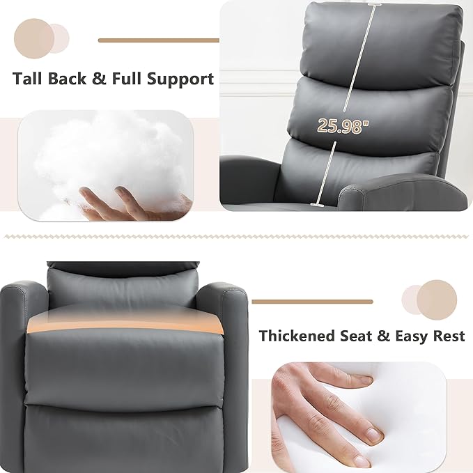 cinkehome Small Swivel Rocker Recliner Chair with Heated Massage Upholstered Nursery Glider Recliner Chair High Back Side Pocket (Grey PU Leather)
