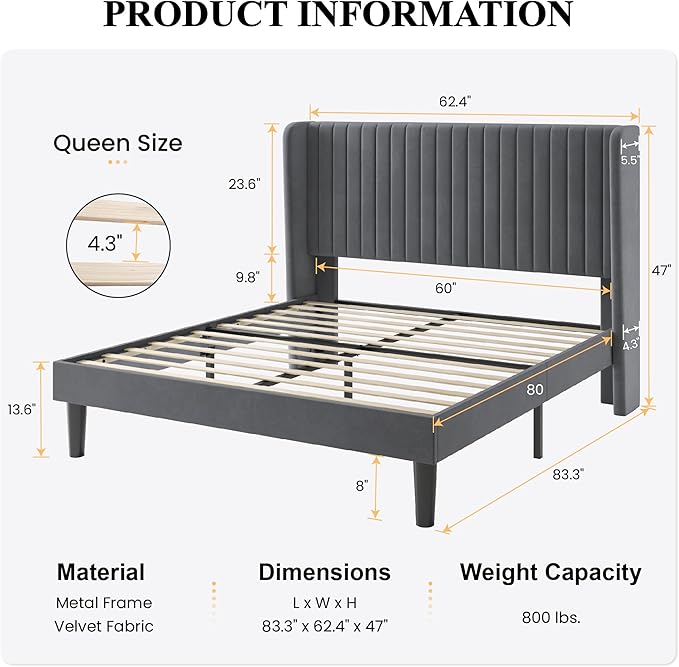 SHA CERLIN Queen Size Velvet Bed Frame with Vertical Channel Tufted Wingback Headboard Upholstered Platform Bed with Wood Slats No Box Spring Needed Easy Assembly Grey