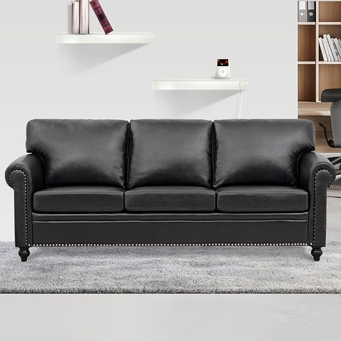 84'' Black Faux Leather 3-Seater Office Couch with Rivet Rolled Arms Modern Mid-Century Sofa for Living Room Apartment and Office. Easy Assembly (Black PU One Sofa)