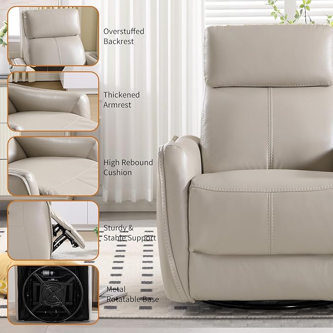 CANMOV Power Swivel Rocker Recliner Chair Electric Swivel Glider Rocker Recliner for Nursery Faux Leather Upholstered Rocking Reclining Chair with USB Port for Living RoomGrey