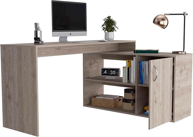 Home Office Desk Modern L-Shaped Computer Desk with Open &amp Closed Storage -Light Gray
