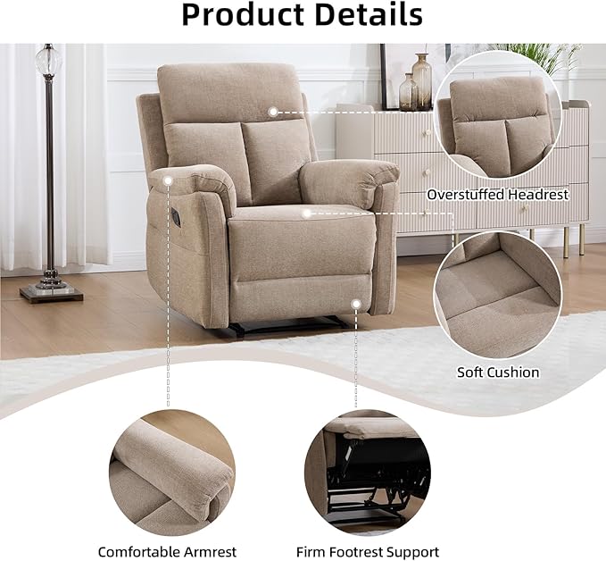 Manual Recliner Chair Soft Fabric Recliner Chair for Adults with Overstuffed Arms and Back Single Sofa for Living Room (Camel)
