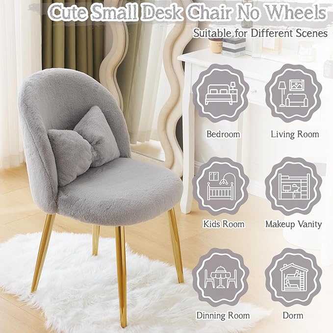 VINGLI Fluffy Girls Vanity Chair with Back &amp PillowCute Small Cozy Desk Chair No WheelsComfy Makeup Ch with Ajustable Gold Legsfor BedroomLiving RoomSmall SpaceGrey