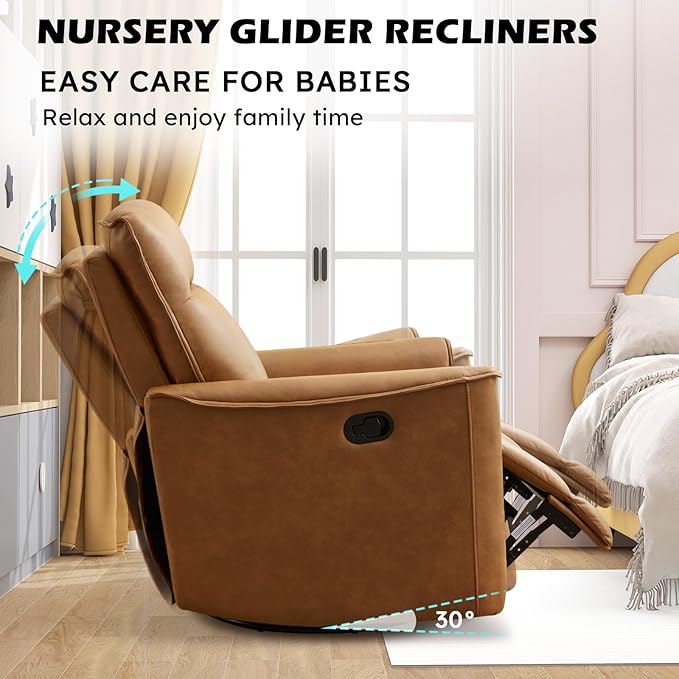 ANJ Manual Swivel Rocker Recliner Glider Recliners with Padded Armrest and Backrest Soft Faux Leather Nursery Rocking Recliner Chair Reclining Sofa for Living Room