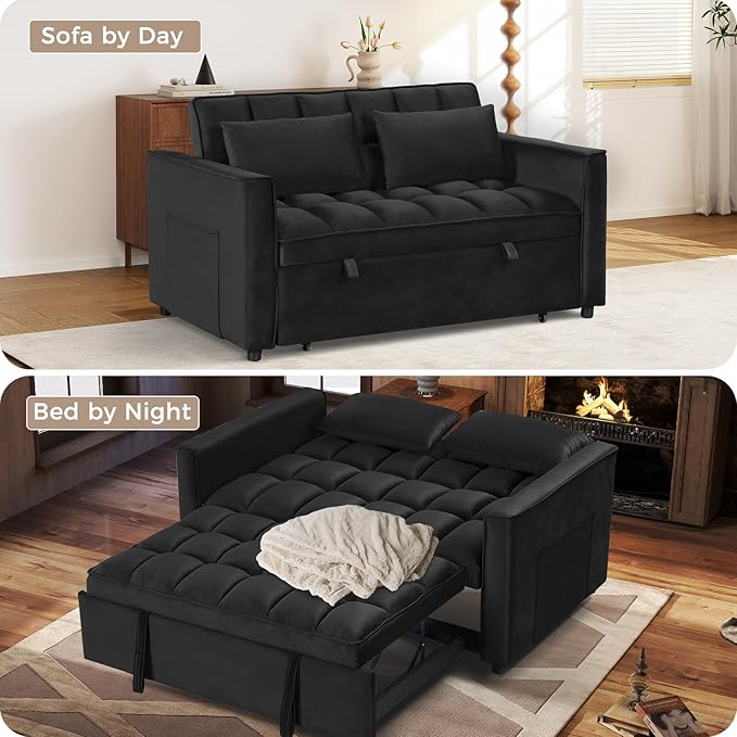 ANJ 3 in 1 Convertible Sofa Bed Pull Out Futon Loveseat Sleeper Sofa Couch with Adjustable Backrest Storage Pockets 2 Pillows for Living Room Bedroom