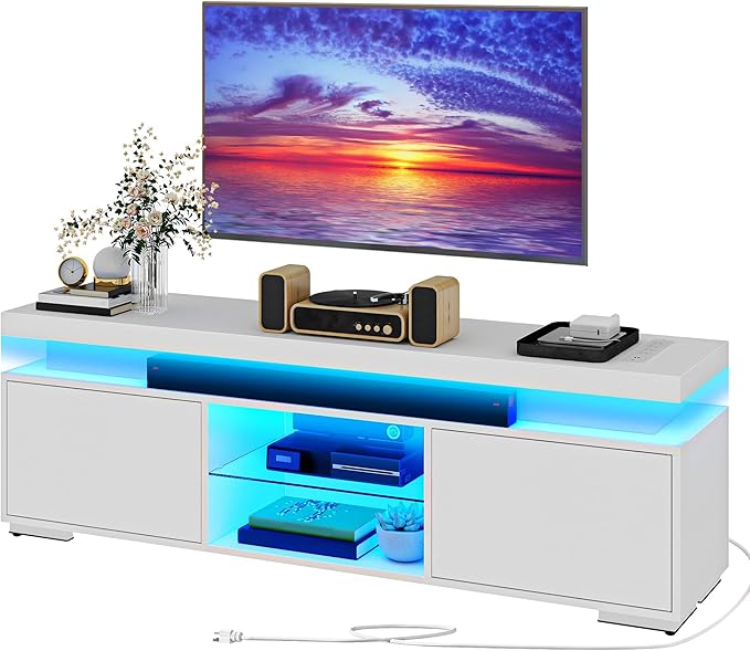 DWVO White Modern TV Stand with LED Lights and Power Outlet Modern Entertainment Center for 55/60/65 Inch Media Console Table TV Cabinet with Storage Universal TV Stand for Living RoomWhite