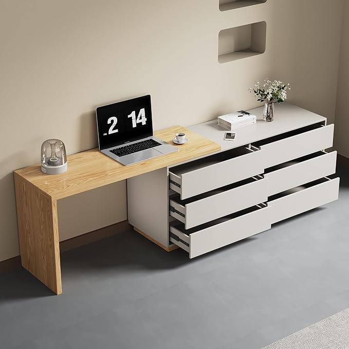 Modern Expandable L-Shaped Corner Vanity Desk with 6 Drawers Adjustable Computer Table for Home Office Study Writing Gaming and Bedroom Makeup Beige 56-98.5 ″