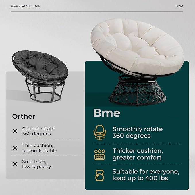 Bme 40 Ergonomic Wicker Papasan Chair with Soft Thick Cushion &amp Frame 360° Swivel Circle Reading Comfy Chair for Living Room Bedroom