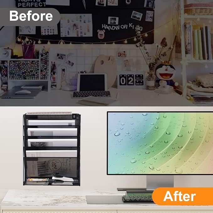 Kuntine.B 6-Tier Wall File Organizer Hanging File Organizer Cubicle Organizer Wall File Holder for Office Home Black