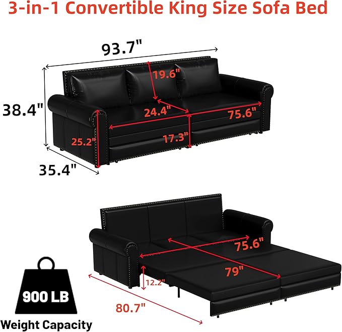 JOYBASE Pull Out Sofa Bed King-Size Convertible Sleeper Sofa Modern 3-Seater Faux Leather Couch with Nailhead for Living Room Office Apartment (Black)