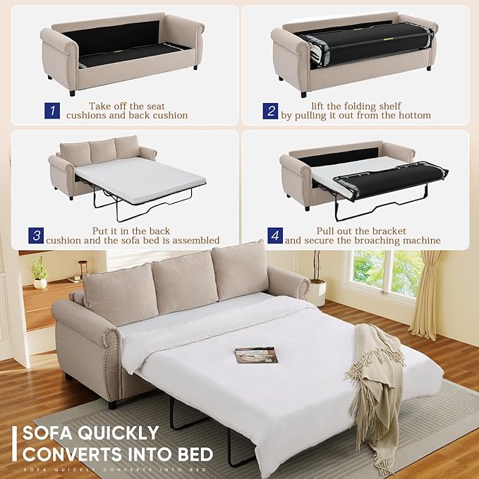 Queen Pull Out Sofa Bed 2-In-1 Pull Out Couch Bed with Memory Foam Mattress &amp Riveted Rolled Armrests 3 Seater Convertible Sleeper Sofa Foldable Couch for Living Room Bedroom Apartment(Beige)