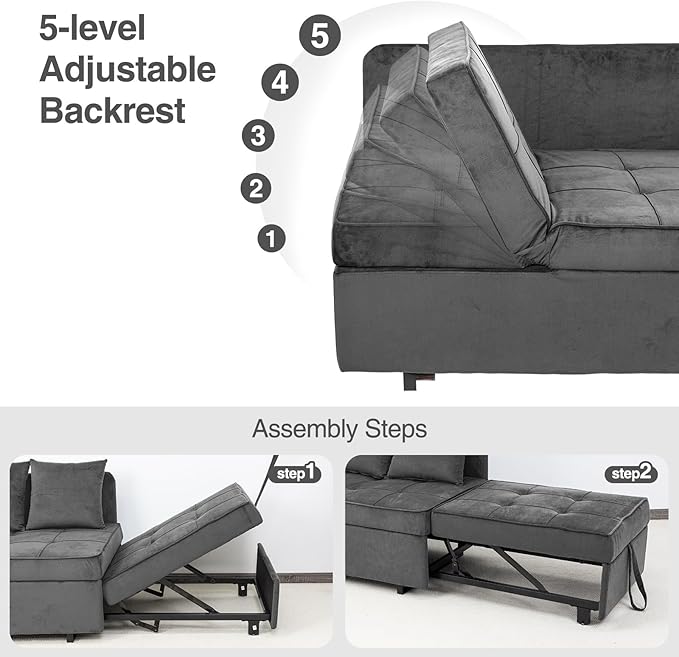 Sofa Bed 4-in-1 Convertible pull out Couch Velvet Love seat Couch Sleeper Chair Bed with 2 Throw Pillow Single Recliner with 5 Adjustable Backrests for Living Room Apartment Small Space Light Grey