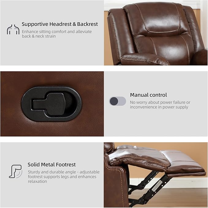 EBELLO Genuine Leather Recliner Manual Chair for Living Room 1 Seater Reclining Sofa Chair with Headrest and Armrest Modern Durable Home Furniture for Small Space Meeting Room Vintage Brown