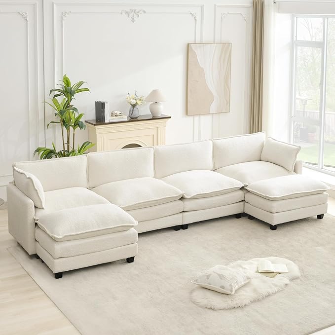 ROWHY Oversized Modular Sectional Couch with 2 Movable Ottoman 148 Modern Convertible U Shaped Sofa Set 4 Seat Comfy Cloud Couch with 2 Throw Pillows for Living Room and Office Chenille Beige