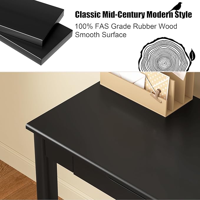 Solid Wood Desk with Drawers - 39 x 16 Inch Simple Narrow Desks Modern Computer Desks Rubber Wood Study Table Small Writing Desk for Bedroom|Small Spaces - Black