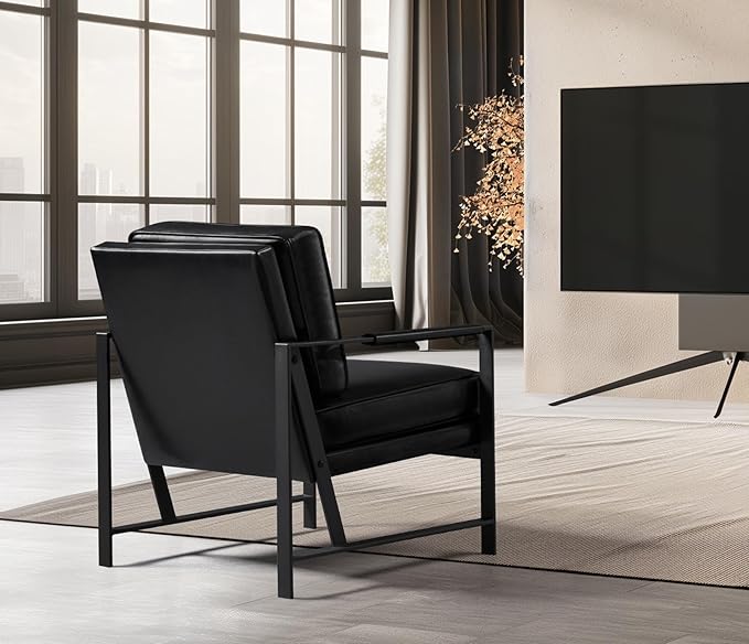 Yaheetech PU Leather Armchair Retro Leisure Accent Chair with Extra Soft Padded and Cushion Modern Reading Arm Chair with Black Metal Frame for Living Room/Office/Bedroom/Study Black