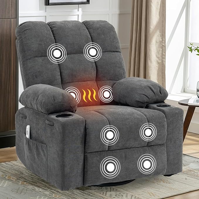 Massage Rocker Recliner Chair with Heat Oversized 360° Swivel Glider Manual Comfy Overstuffed Single Sofa with Cup Holders Side Pocket for Bedroom Living Room (Dark Gray)
