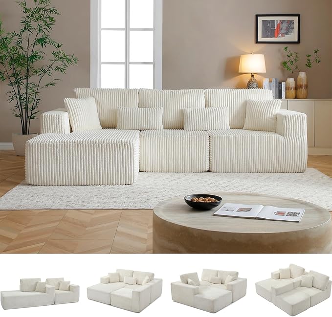 110 Inch Cloud Sectional Couch Modular Sectional Sofa with Deep Seat Corduroy Upholstered Boneless Couch for Living Room Bedroom Left Facing Chaise No Assembly Required (White)
