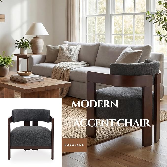 Barrel Accent Chairs Set of 2 Cozy Upholstered Living Room Chair for Bedroom Walnut Wood Frame Vintage Modern Lounge Reading Chairs for Apartment Waiting Room Office Charcoal