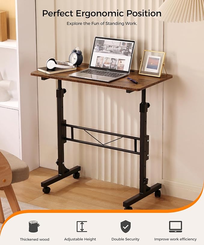 Standing Desk Adjustable Height Mobile Stand Up Desks with Wheels Small Computer Desks Rolling Desk Portable Laptop Desks Rustic Standing Table Sit Stand Home Office Desks 16x31.5 Height 27-43.5