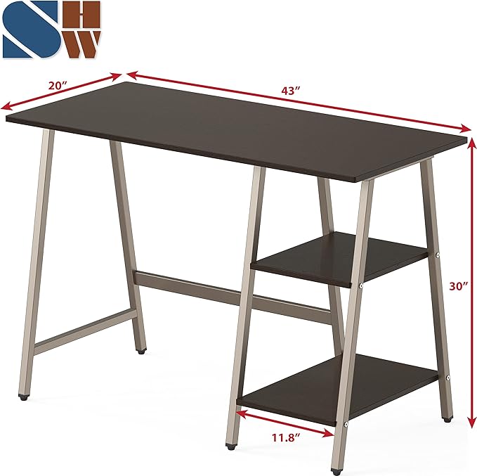 SHW 43-Inch Home Office Trestle Computer Desk with Open Storage Shelves Espresso