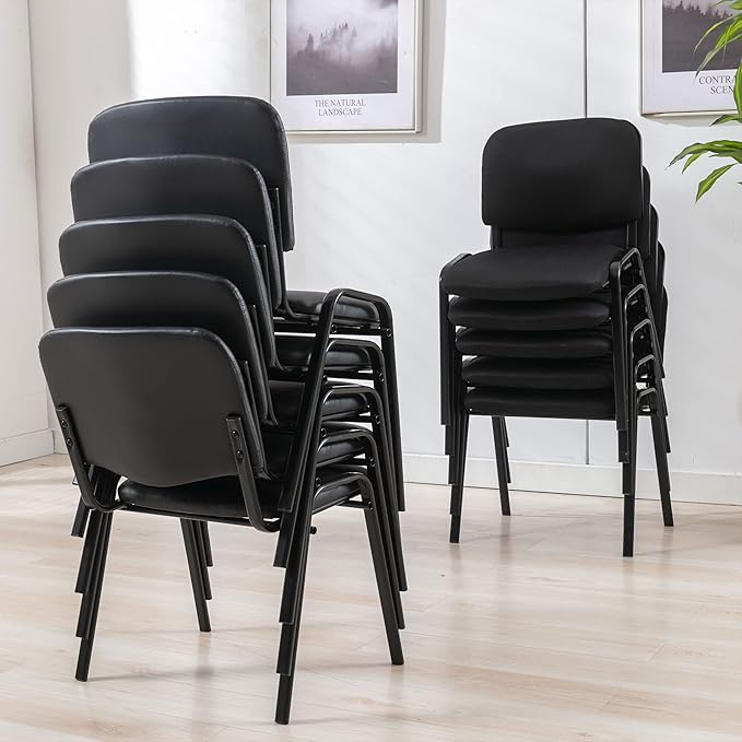 Black Stackable Office Chairs no Arms Set of 10 PU Leather Reception Chairs Ergonomic Conference Desk Chairs for Meeting/Events/Hall/Training Room