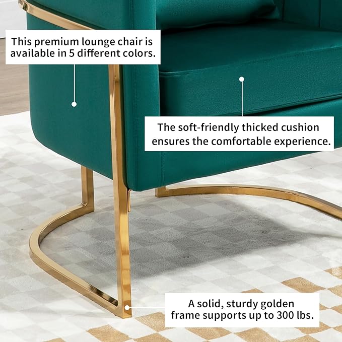 Velvet Modern Accent Chairs Set of 2 Upholstered Barrel Armchair Mid Century with Pillow for Living Room Comfy Single Vanity Chair with Metal Gold Legs for Bedroom Green