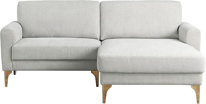 Studio Living® Matthew 83.5 Sofa Chaise Mid-Century Modern Pocket Coil Comfort Reversable Chaise Metal Brushed Bronze Legs Chenille Fabric Ivory